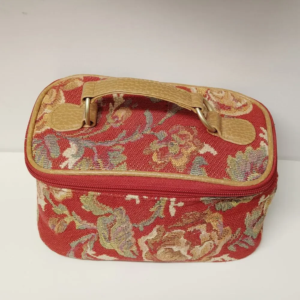 Vintage Floral Tapestry Small Train Case Red Yellow Gold Travel Bag 8x4.5x4.75